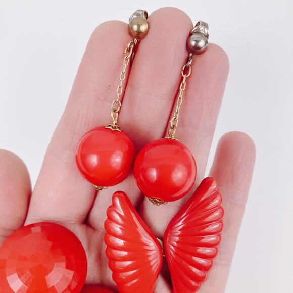 Vintage Marked Germany Lot of 4 Earrings MCM Cherry Red Bombshell Wings Clip On - Picture 4 of 8